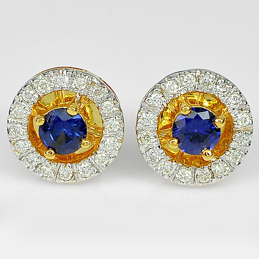 18K Solid Gold Earrings Jewelry with Round Natural Blue Sapphire and Diamond