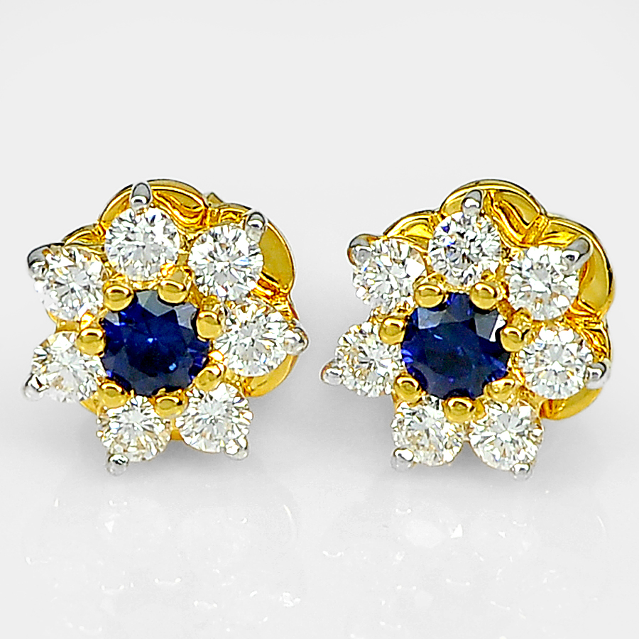 0.19 Ct. Round Natural Blue Sapphire with White Diamond 18K Solid Gold Earrings
