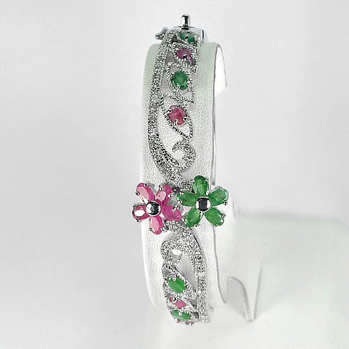 23.84 G. Good Natural Gemstones Emerald and Ruby Real 925 Sterling Silver Bangle