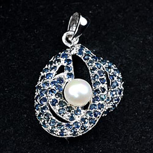 6.41 G. Natural Gems White Pearl And Blue Sapphire 925 Sterling Silver Pendant