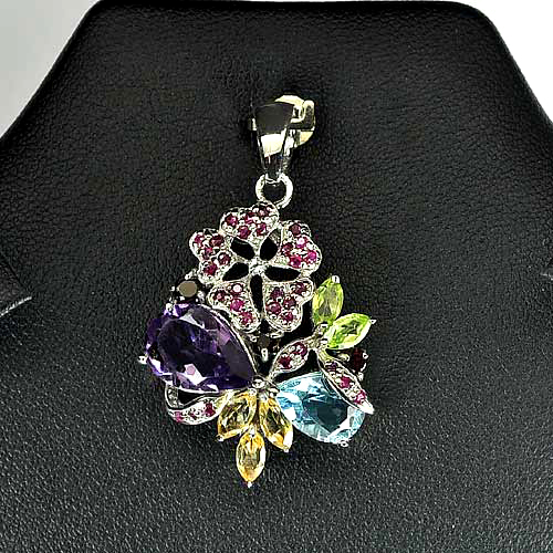 7.16 G. Natural Mixed Gemstones Real 925 Sterling Silver Fine Jewelry Pendant