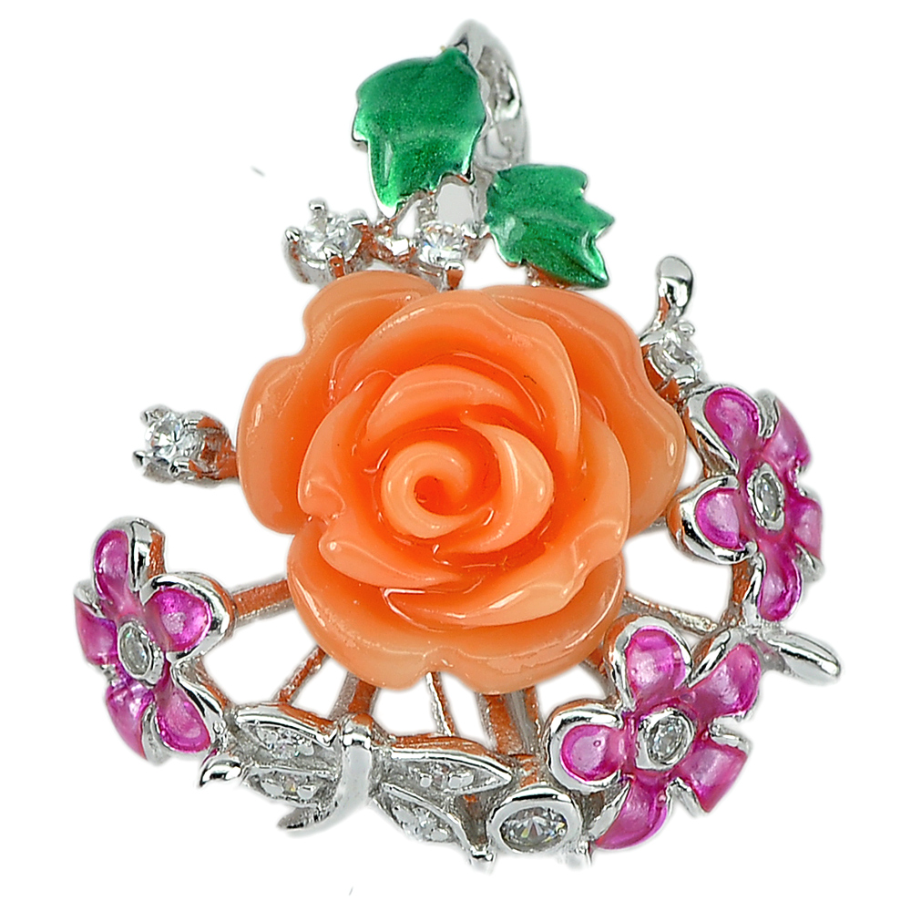 5.20 G. Beautiful Flower Resin and Enamel Real 925 Sterling Silver Pendent