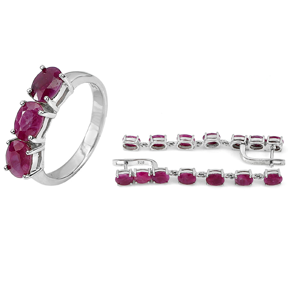 14.54 G. Real 925 Sterling Silver Ring And Earrings Natural Purplish Red Ruby