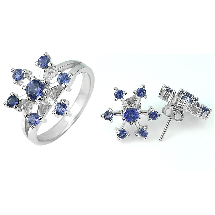 10.56 G. Natural Violetish Blue Tanzanite 925 Sterling Silver Ring and Earrings