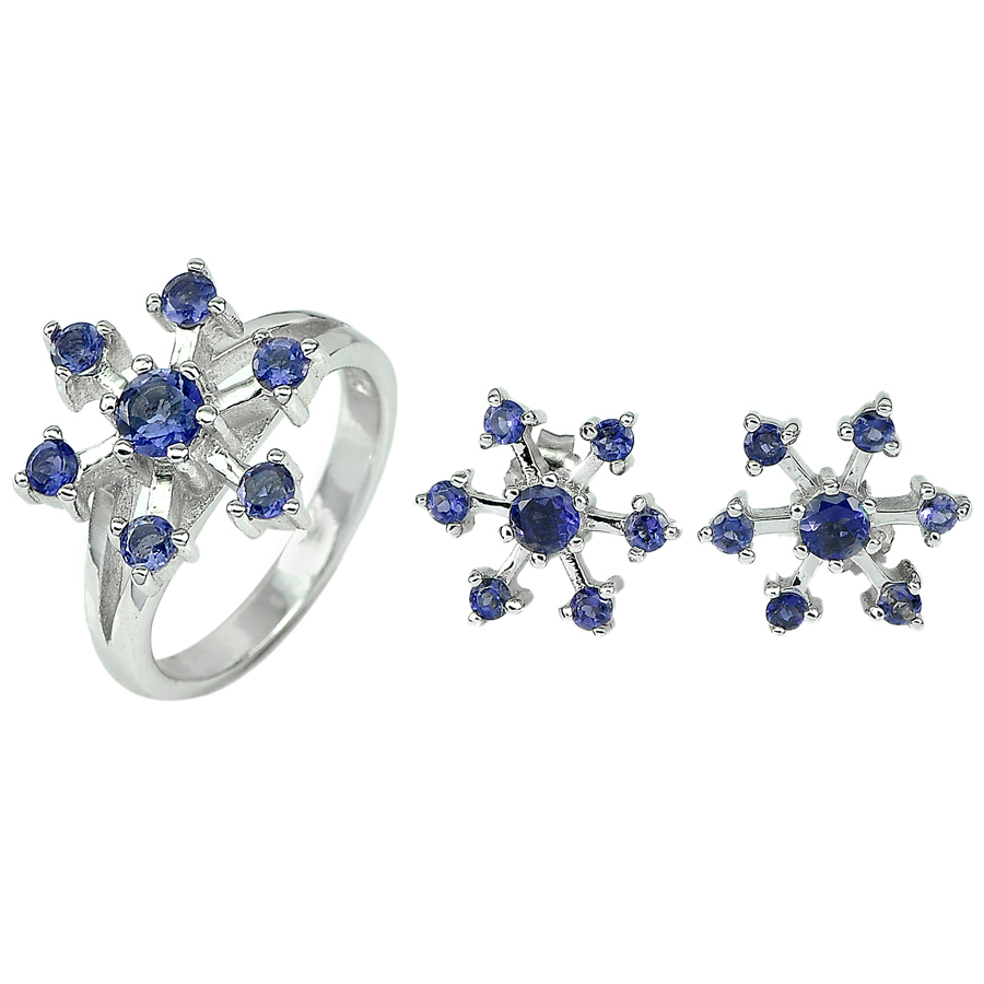 10.63 G. Natural Blue Iolite 925 Sterling Silver Sets Ring Size 8 And Earrings