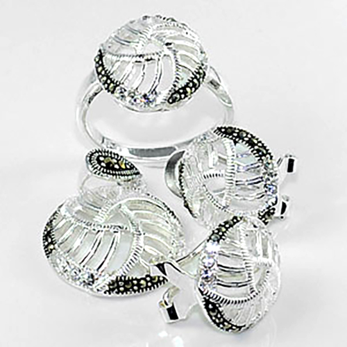 12.98 G. Black Marcasite Sterling Silver Sets of Ring Pendant Earrings