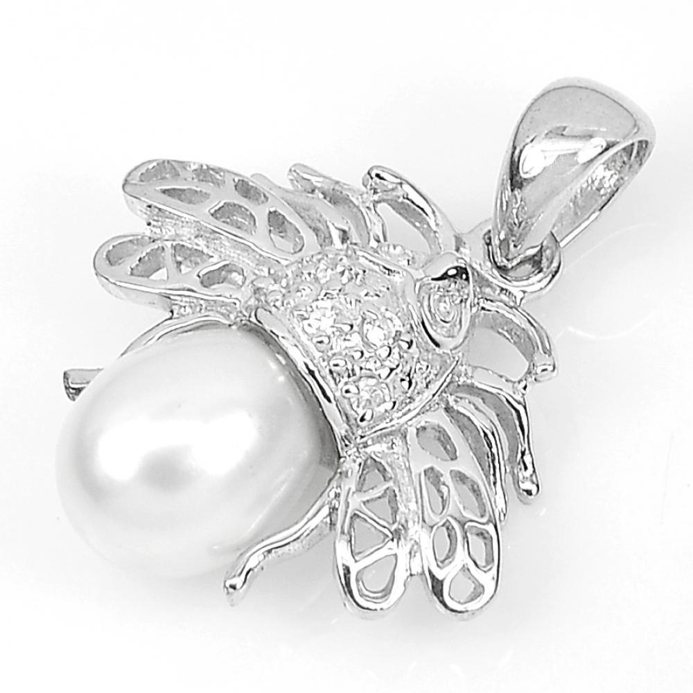 Real 925 Sterling Silver Jewelry Pendant with Natural Gem White Pearl 2.52 G.