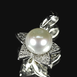 2.71 G. Nice Natural White Pearl with CZ Real 925 Sterling Silver Pendant