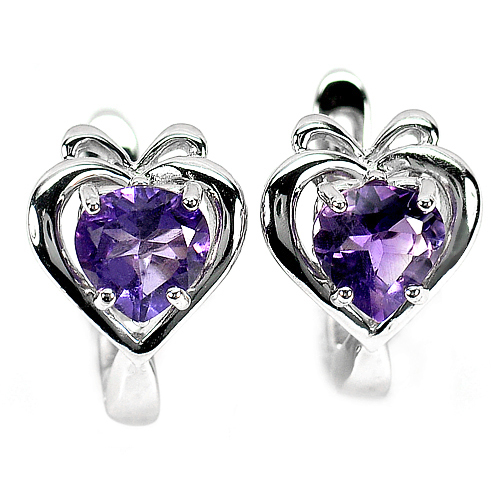 5.63 G.  Heart Natural Gems Purple Amethyst 925 Sterling Silver Jewelry Earrings