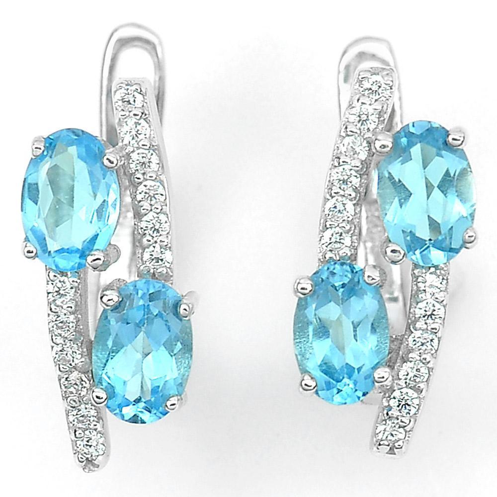 3.79 G.925 Sterling Silver Earrings Natural Gemstone Oval Shape Swiss Blue Topaz