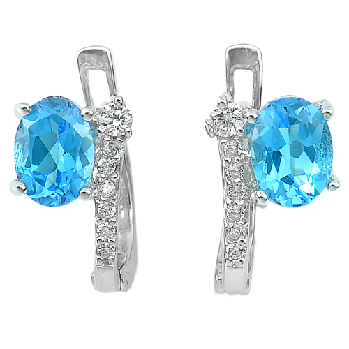 4.15 G. Natural Gems Swiss Blue Topaz with CZ Real 925 Sterling Silver Earrings