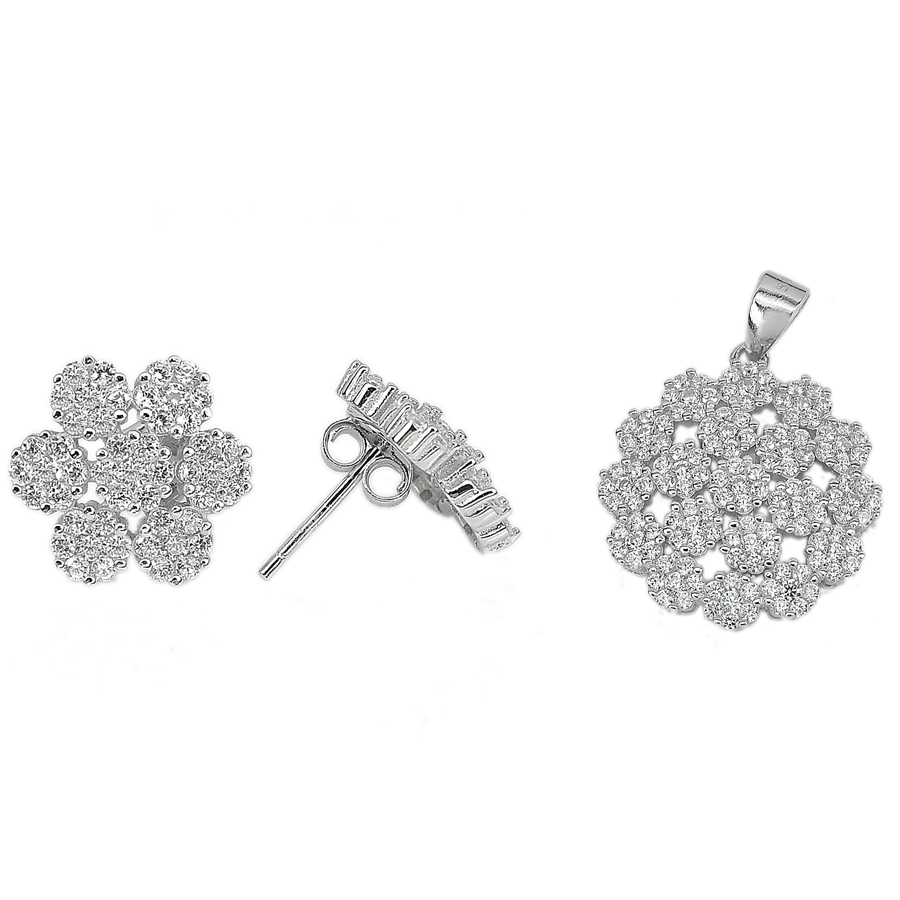 925 Sterling Silver Jewelry Sets Earrings Pendant with Round White CZ 7.37 G.