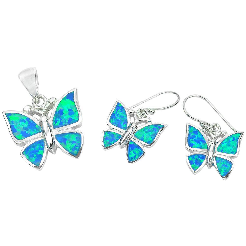 8.87 G. Blue Created Opal 925 Sterling Silver Sets Butterfly Pendant Earrings