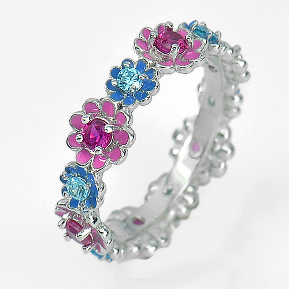 925 Sterling Silver Ring Jewelry Beautiful Flower Enamel Design with CZ Size 7