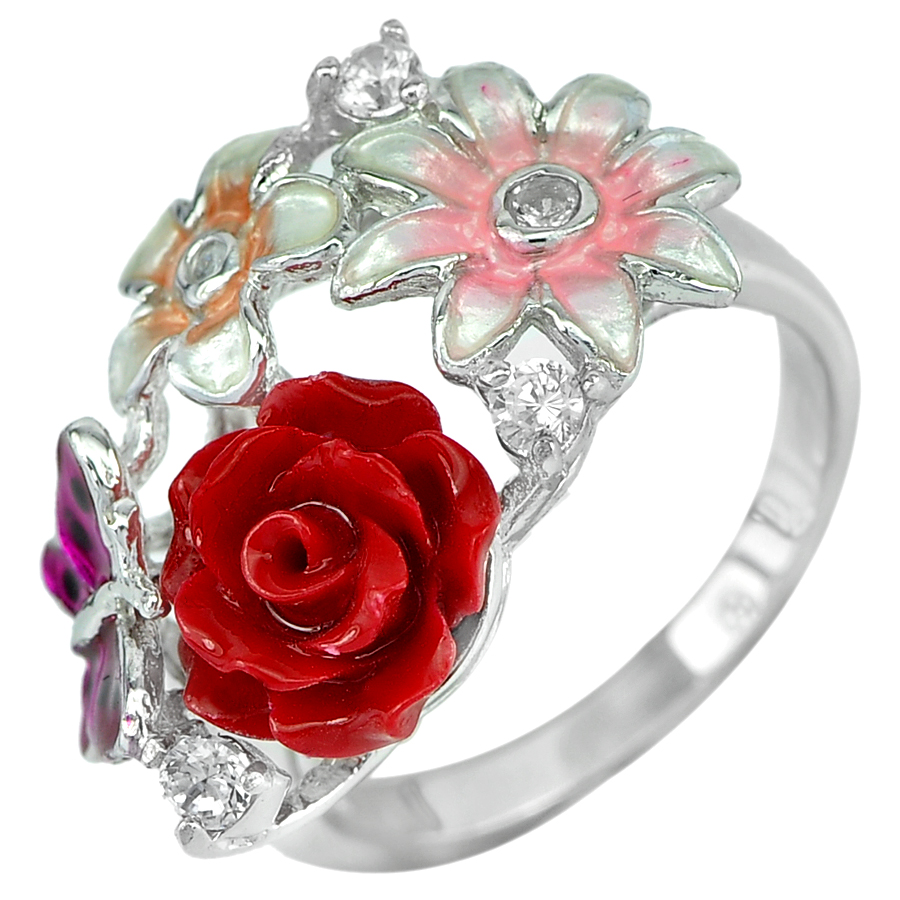 8.07 G. 2 Pcs. Wholesale Jewelry 925 Sterling Silver Ring Size 5 Flower Enamel