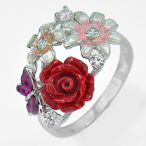 3.95 G. Real 925 Sterling Silver Fine Jewelry Ring Size 8 Design Red Flower