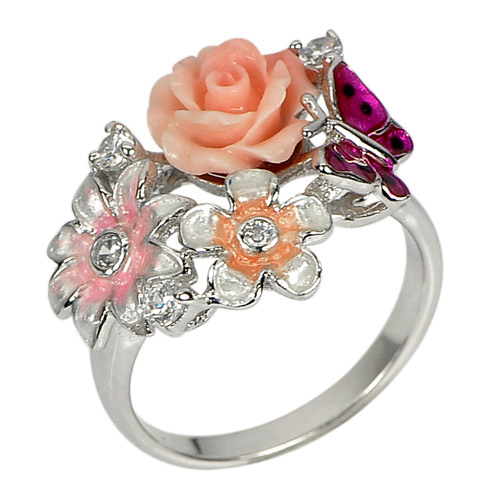 3.91 G. Lovely Design Jewelry Real 925 Sterling Silver Ring Size 8 Rose Resin