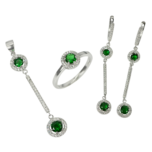 Wholesale Set 925 Sterling SilverEarrings Pendant and  Ring Size 8 with Green CZ