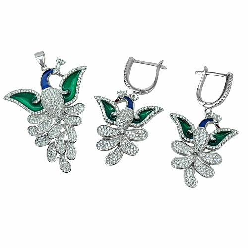 21.60 G. Design Peacock Beautiful Real 925 Sterling Silver Earrings and Pendant