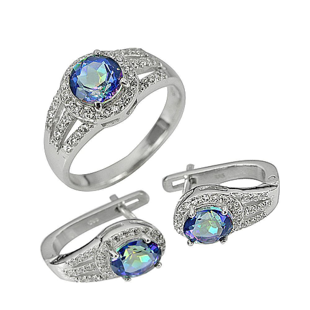 Natural Mystic Topaz Real 925 Sterling Silver Jewelry Set Earrings Ring Size 8