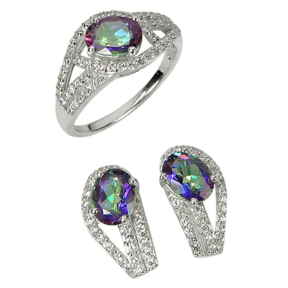 7.24 G. Natural Mystic Topaz Real 925 Sterling Silver Sets Earrings Ring Size 8