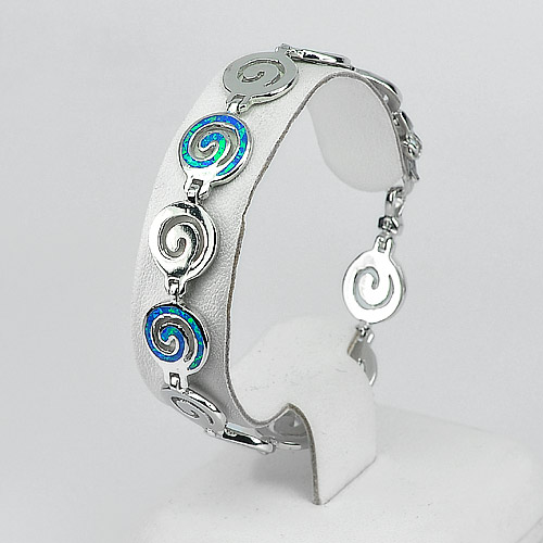 16.03g.Multi Color Blue Created Opal Real 925 Sterling Silver Bracelet 7.5 Inch.