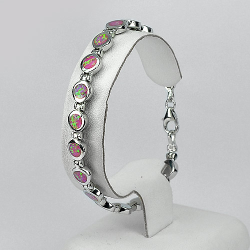 17.20 G. 925 Sterling Silver Multi Color Pink Created Opal Bracelet 7.5 Inch.
