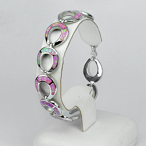 Good Design 925 Sterling Silver Multi Color Pink Created Opal Bracelet 7.5 Inch.