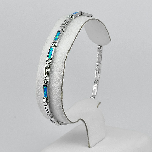 6.52 G.Multi Color Blue Created Opal Real 925 Sterling Silver Bracelet 7.5 Inch.