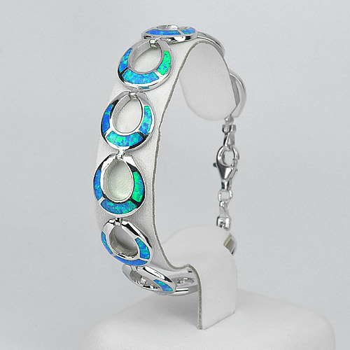 Design Horseshoe Multi Color Created Opal Blue 925 Sterling Silver Bracelet 7.5