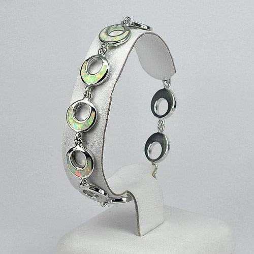 925 Sterling Silver Multi Color White Created Opal Bracelet Jewelry 7.5 Inch.