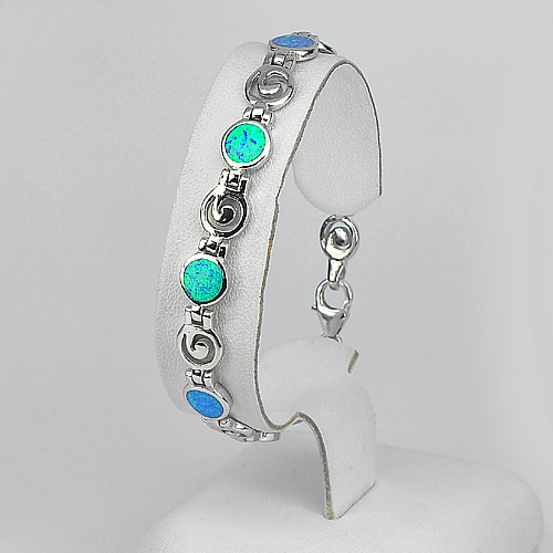 925 Sterling Silver Multi Color Blue Created Opal Spiral Bracelet 7.5 Inch.
