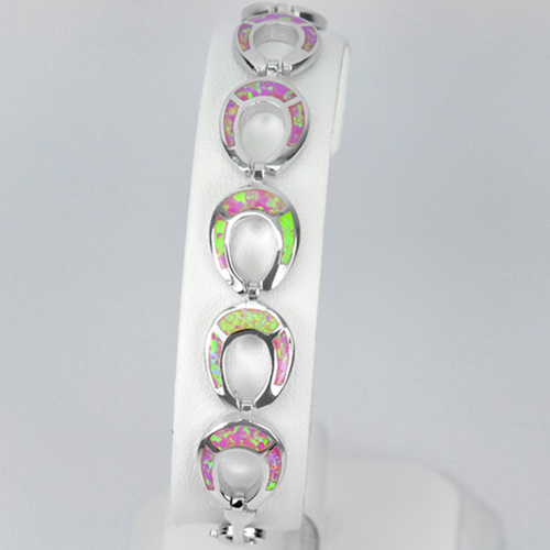 925 Sterling Silver Bracelet Jewelry Multi Color Pink Created Opal 7.5 Inch.