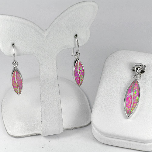 7.45 G. Real 925 Sterling Silver Sets Pendant And Earrings Pink Created Opal