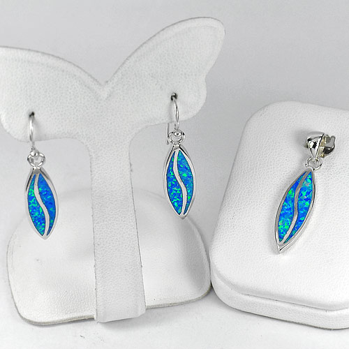 8.73 G. Real 925 Sterling Silver Sets Pendant And Earrings Blue Created Opal