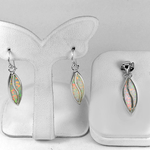 7.71 G. Real 925 Sterling Silver Sets White Created Opal Pendant And Earrings
