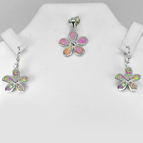 7.92 G. Pink Created Opal 925 Sterling Silver Sets Flower Pendant And Earrings