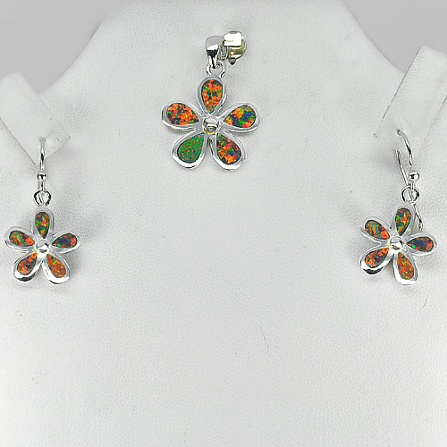 Orange Created Opal Real 925 Sterling Silver Sets Flower Pendant And Earrings