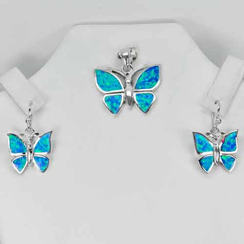 10.79 G. Blue Created Opal 925 Sterling Silver Sets Butterfly Pendant Earrings