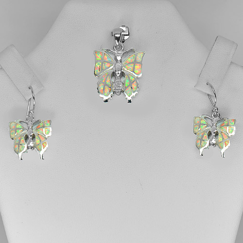 11.51 G. Created Opal 925 Sterling Silver Sets Butterfly Pendant And Earrings