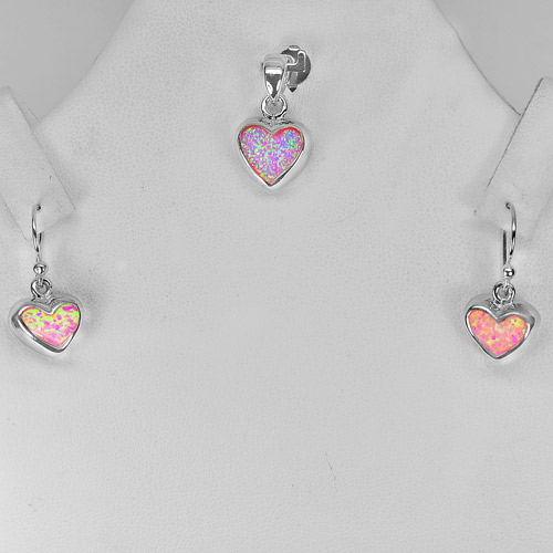 Real Sterling Silver Sets Pendant And Earrings Pink Created Opal Heart Cabochon