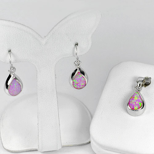 7.37 G. 925 Sterling Silver Jewelry Sets Pink Created Opal Pendant And Earrings