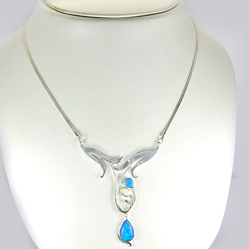 12.20 G. Real 925 Sterling Silver Necklace 22 Inch. Multi Color Created Opal