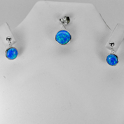 3.73 G. Blue Created Opal Real 925 Sterling Silver Sets Pendant And Earrings