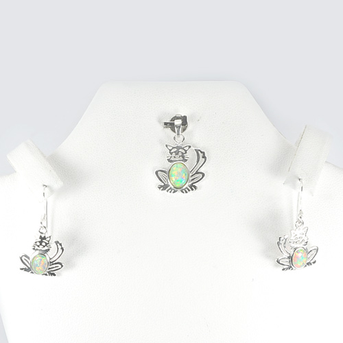 3.49 G. White Created Opal Real 925 Sterling Silver Cat Pendant And Earrings