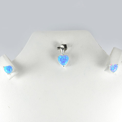 1.81 G. Real 925 Sterling Silver Sets Blue Created Opal Pendant And Earrings