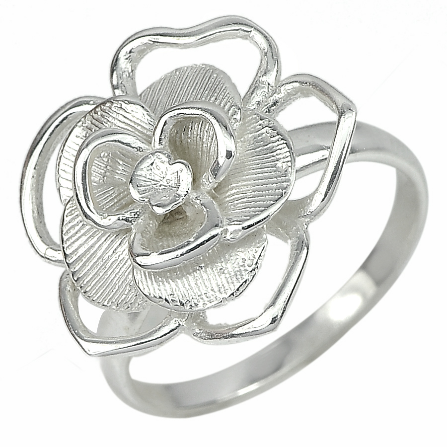 4.18 G. Flower Design Real 925 Sterling Silver White Gold Plated Ring Size 7