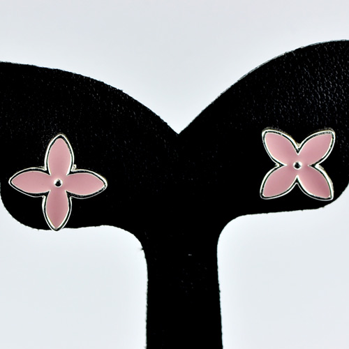 2.37 G. Pink Enamel Flower Real 925 Sterling Silver Jewelry Stud Earrings