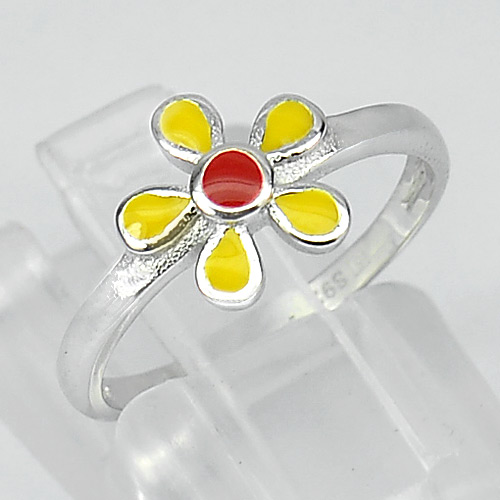 Yellow and Red Enamel 925 Sterling Silver Band Ring Flower Size 5