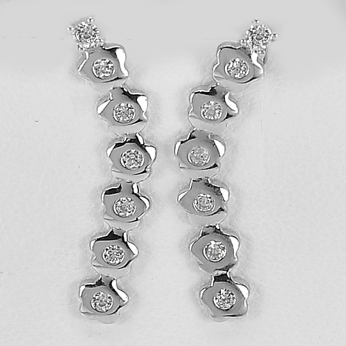 2.80 G.Flower Design Round White CZ 925 Sterling Siver Earrings Size 27x4.6 Mm.